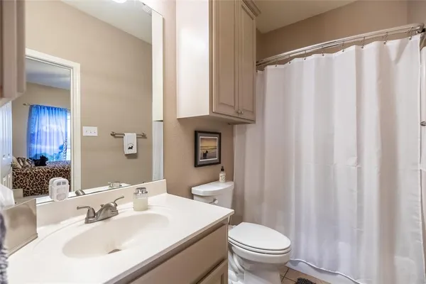 a bathroom with a sink a toilet and shower curtain