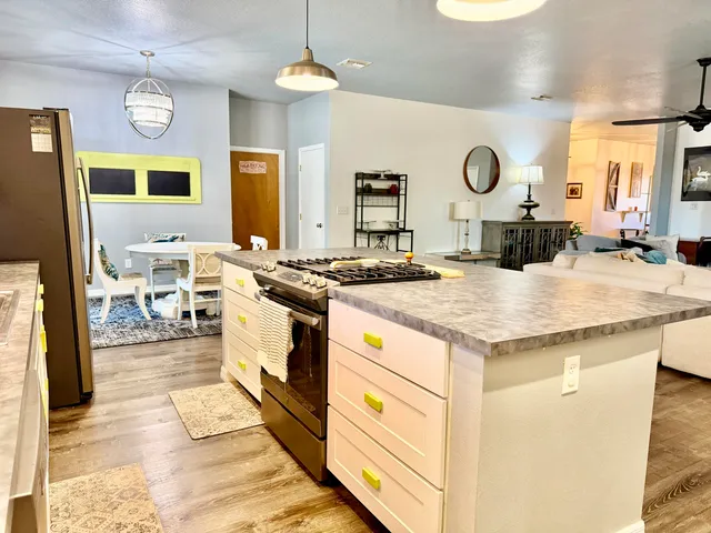 a view of kitchen with furniture and roof