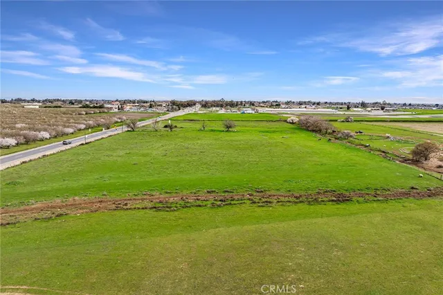 a view of a field with an ocean and trees in the background