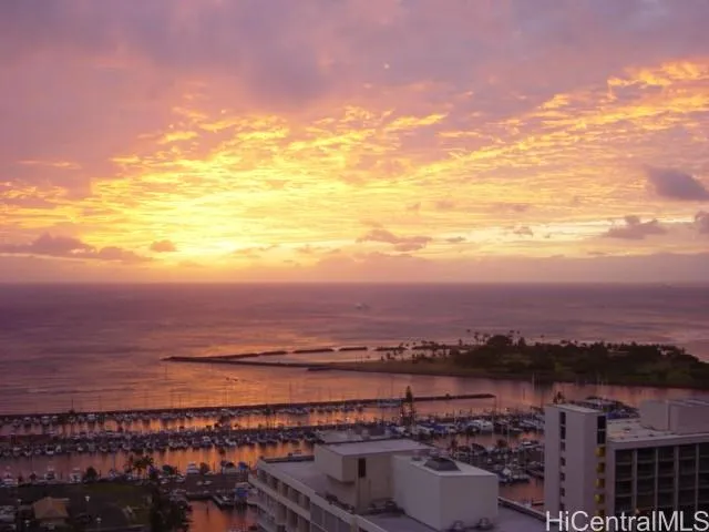 a view of a city and ocean view