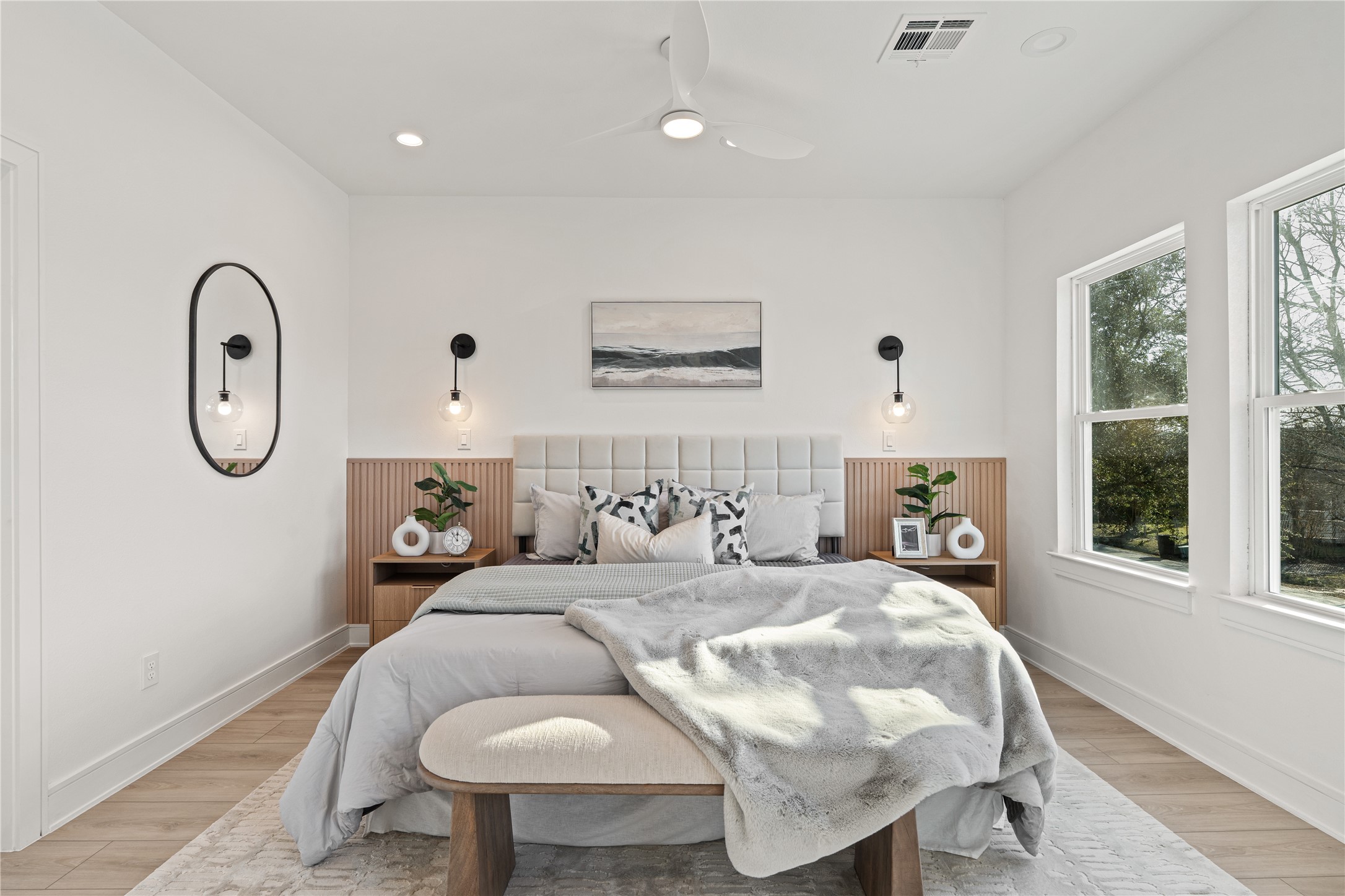 8019 Grandview Street Houston, TX 77051 - Photo 19 of 34 Another view of the primary bedroom highlighting the spacious layout and modern ceiling fan.