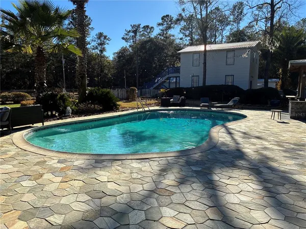 a view of a swimming pool and a yard
