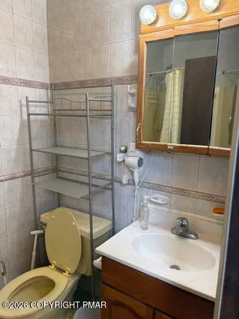 a bathroom with a sink mirror vanity and toilet