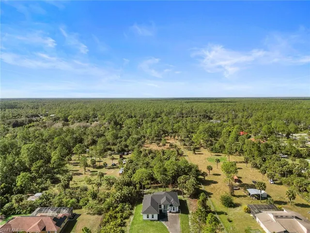 an aerial view of residential houses with outdoor space and trees