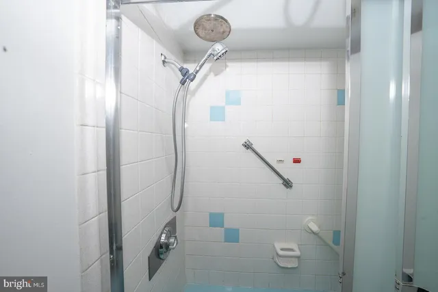 a bathroom with a shower and toilet