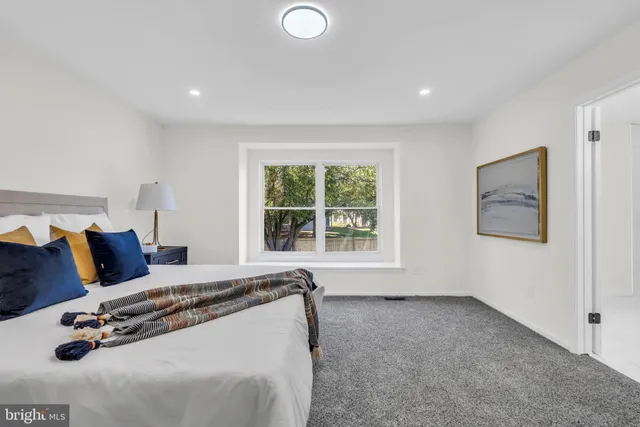 a view of a yard in front of a house with plants and large tree