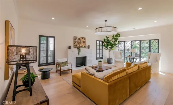 a living room with fireplace furniture and a potted plant