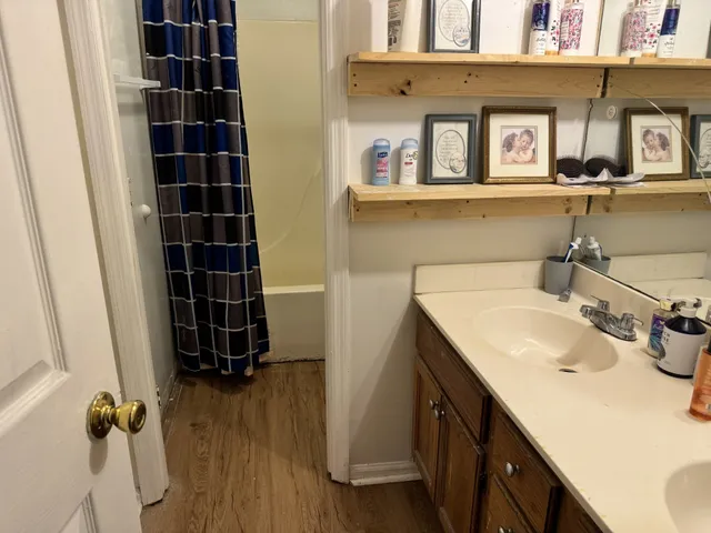 a bathroom with a sink and a mirror