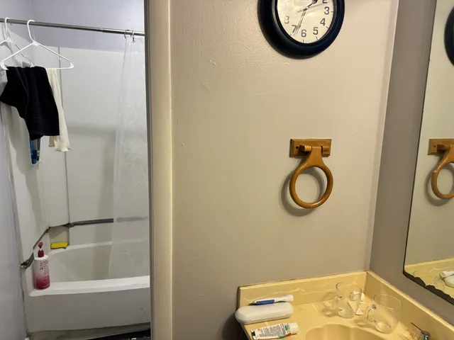 a bathroom with a tub and a sink