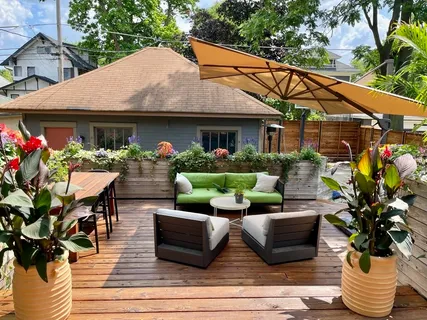 a front view of a house with patio