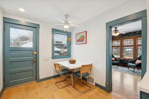 a workspace with furniture and a window