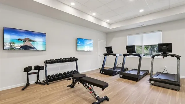 a view of a room with gym equipment