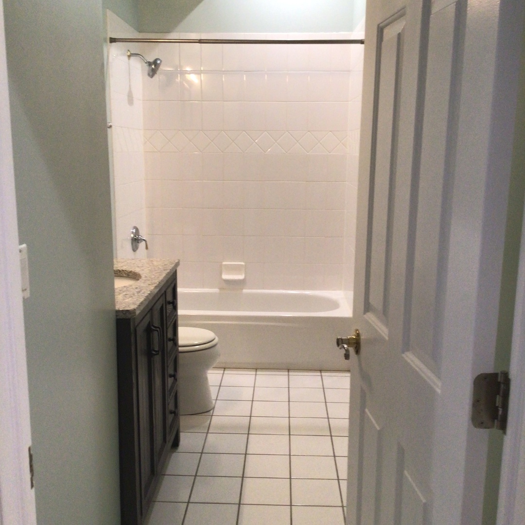 Undisclosed Address Chicago, IL 60642 - Photo 11 of 24 a bathroom with a granite countertop bathtub shower sink vanity and toilet