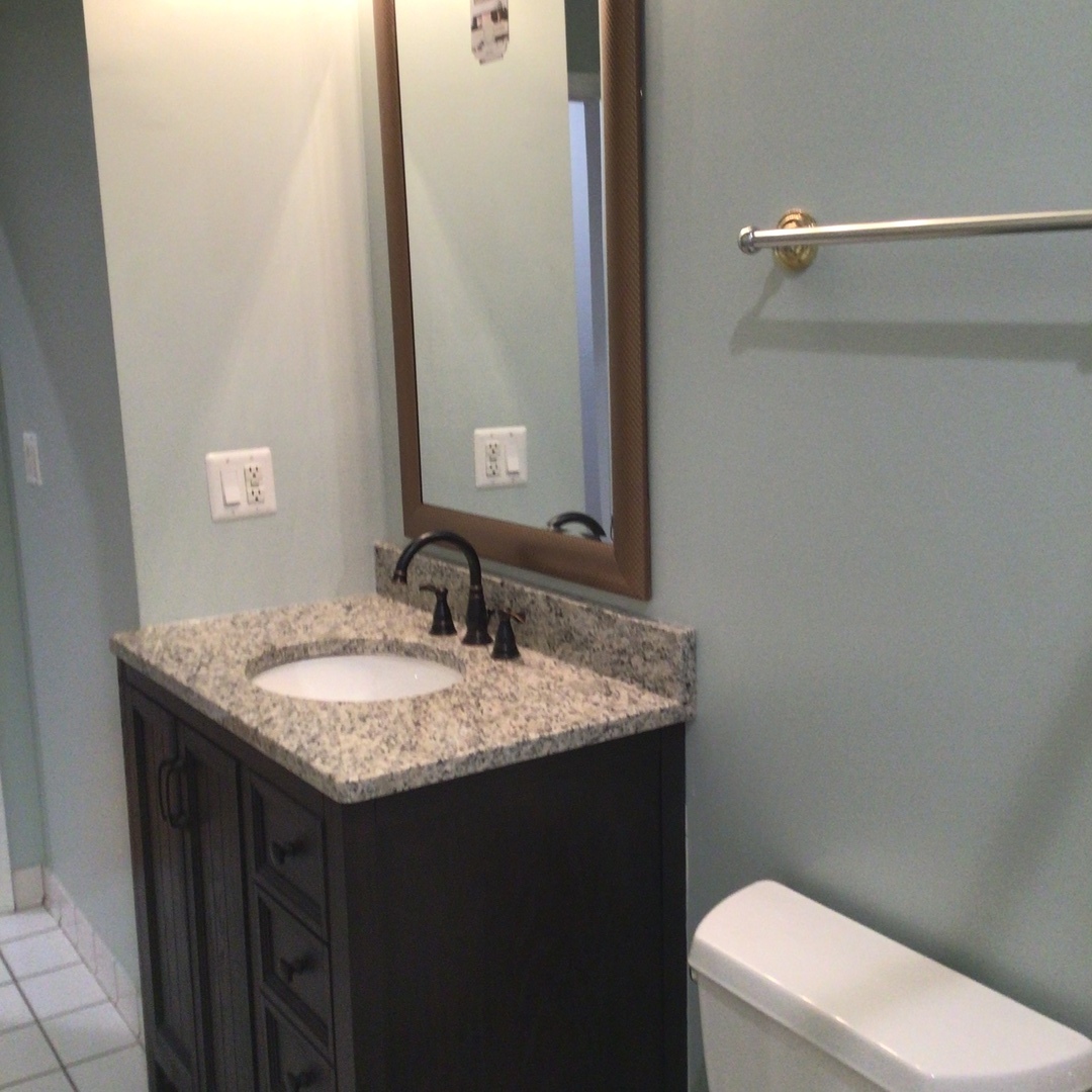 Undisclosed Address Chicago, IL 60642 - Photo 12 of 24 a bathroom with a granite countertop sink and a toilet
