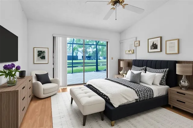 a view of a park with large trees