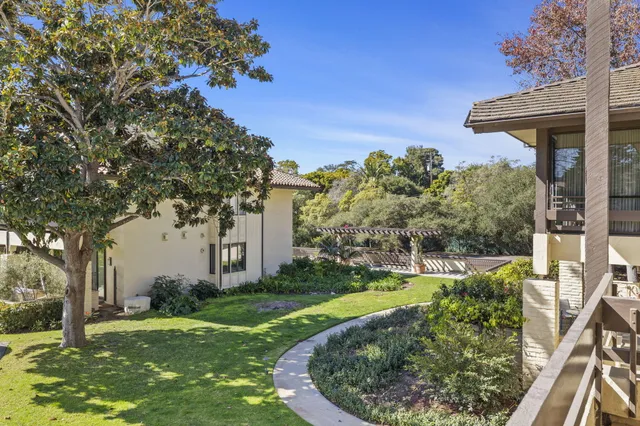 a view of a backyard with large trees