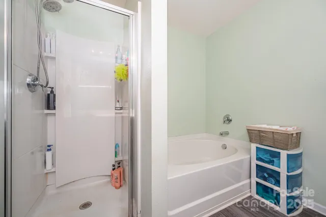 a bathroom with a bathtub and a shower