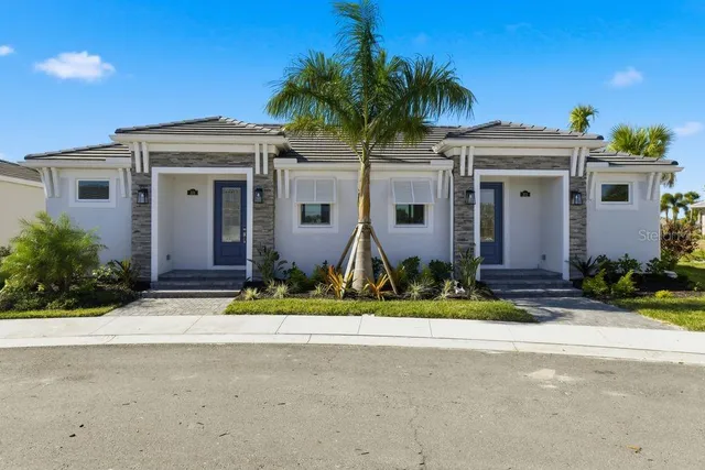 a view of the house with small yard plants and palm trees