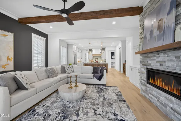 a bedroom with a bed and a table