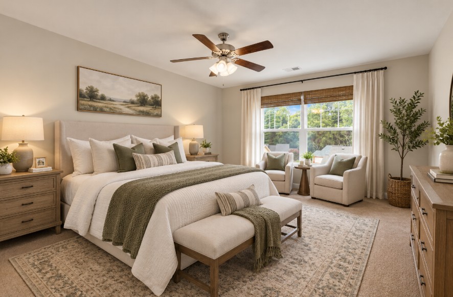 116 Ventura Street Anderson, SC 29621 - Photo 14 of 30 Soft carpeting underfoot and large windows frame peaceful exterior views in this relaxing bedroom. AI Staged.1