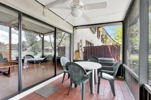 a view of a yard with plants and large trees
