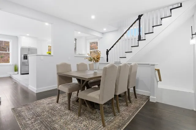 a view of a dining room with furniture
