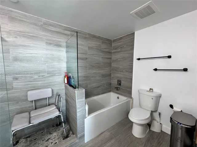a bathroom with a toilet and a bathtub