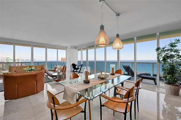 a view of a dining room with furniture window and outside view