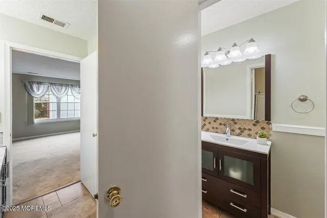 a bathroom with a sink vanity and a mirror