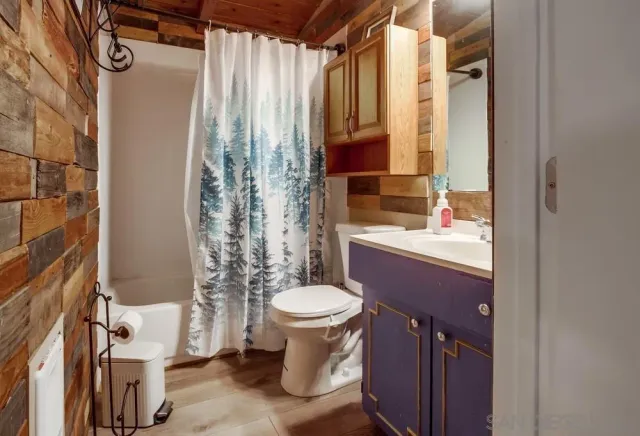 a bathroom with a sink toilet and shower