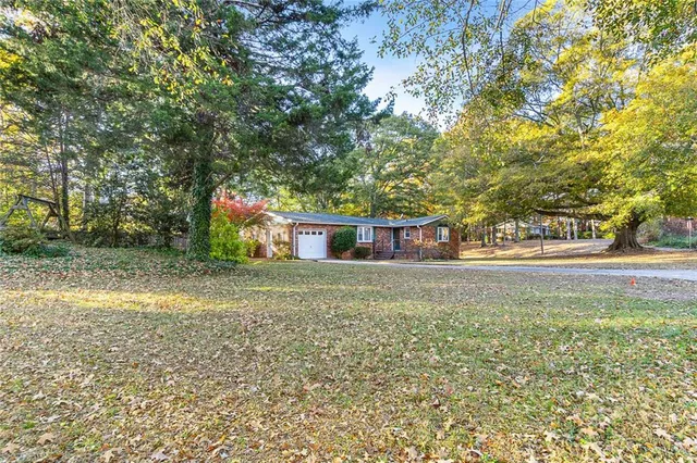 a view of a yard with plants and trees