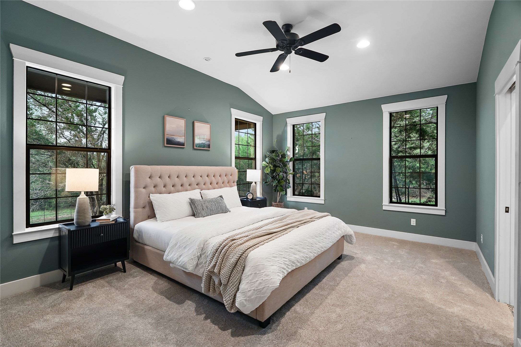 786 Beauchamp Road Dripping Springs, TX 78620 - Photo 16 of 40 This bedroom features a vaulted ceiling with a ceiling fan, light-colored carpeting, and dark green walls