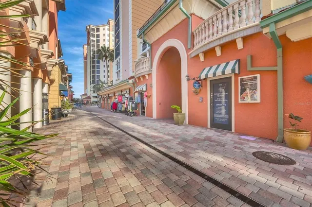 a view of a building with a street