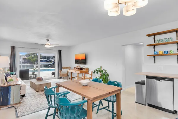 a view of a dining room with furniture