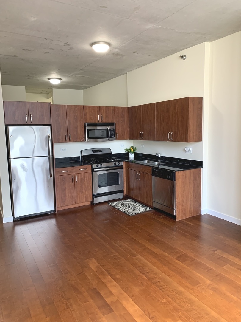 235 West Van Buren Street, Unit 3820 Chicago, IL 60607 - Photo 17 of 38 a kitchen with stainless steel appliances granite countertop a stove top oven a sink and a microwave