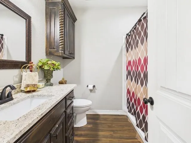 a bathroom with a double vanity sink mirror and toilet