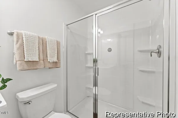 a bathroom with a shower and toilet