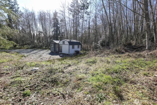 a view of a backyard with trees
