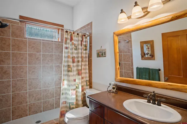 a bathroom with a sink toilet a mirror and shower