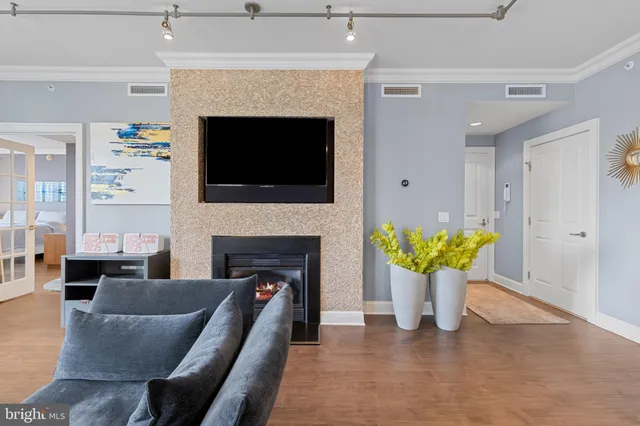 a living room with furniture a fireplace and a potted plant