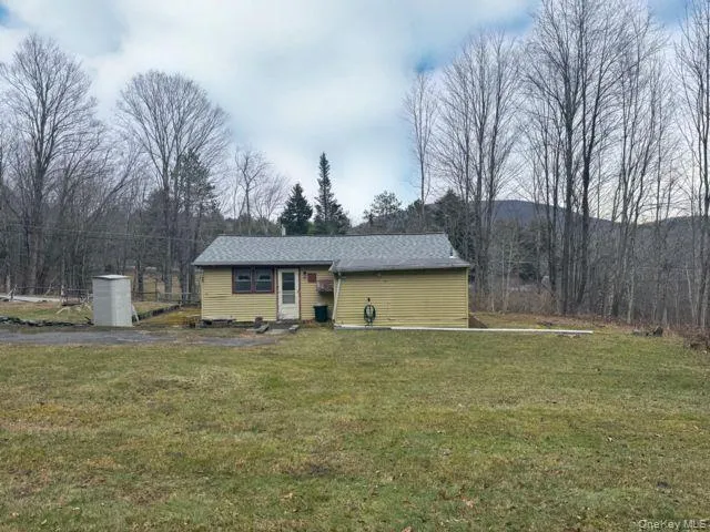 a house with huge green field and covered with tall trees