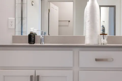 a bathroom with a sink double vanity and a mirror
