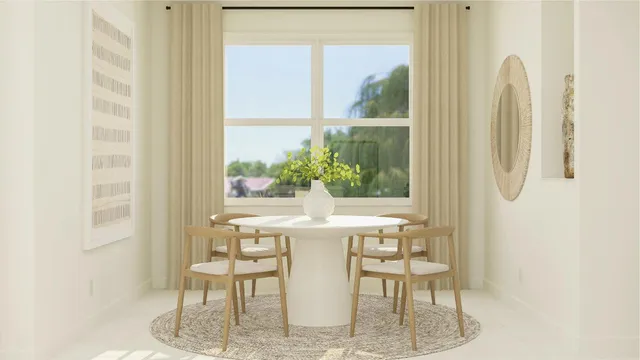 a dining room with furniture and a window