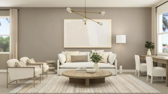 a living room with furniture and a table