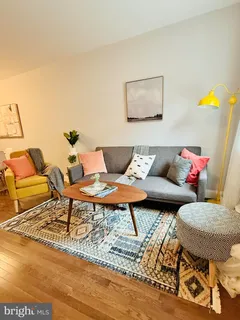 a living room with furniture and a rug