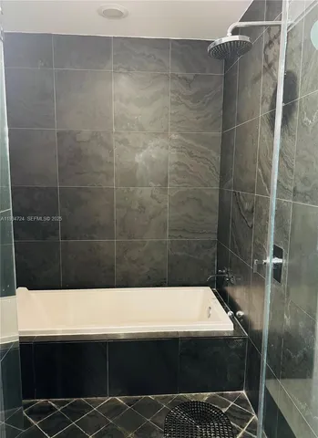 a bathroom with a bathtub and a shower
