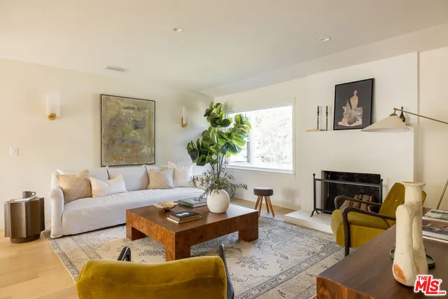 a living room with furniture a fireplace and a potted plant