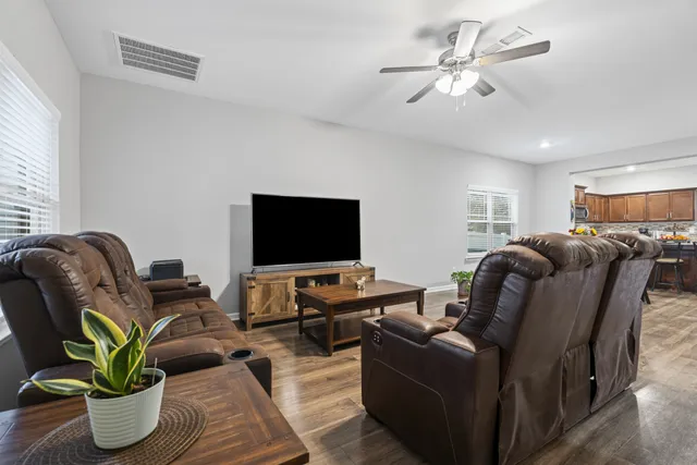 a living room with furniture potted plant and a flat screen tv