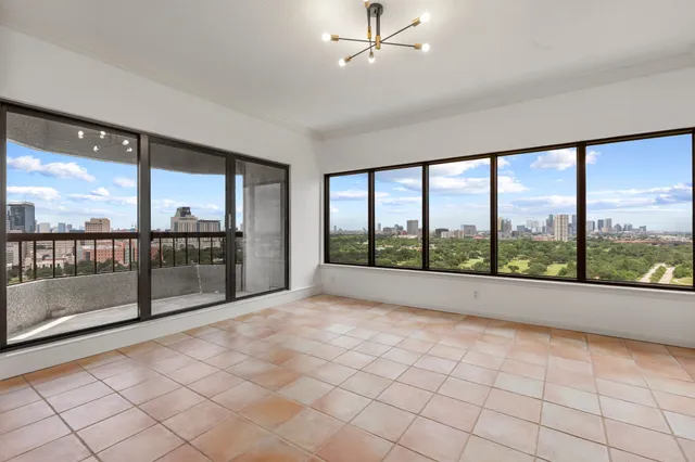 a view of a room with windows