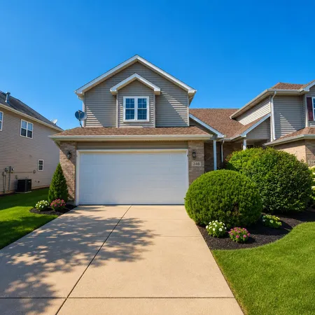 a front view of a house with a yard and garage
